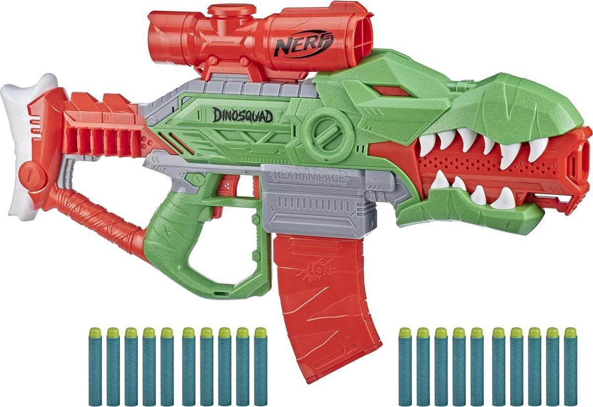 Nerf DinoSquad, Rex-Rampage Gemotoriseerde Blaster, 10-Dart Magazijn, 20 Nerf Dartpijltjes, Tyrannosaurus Design