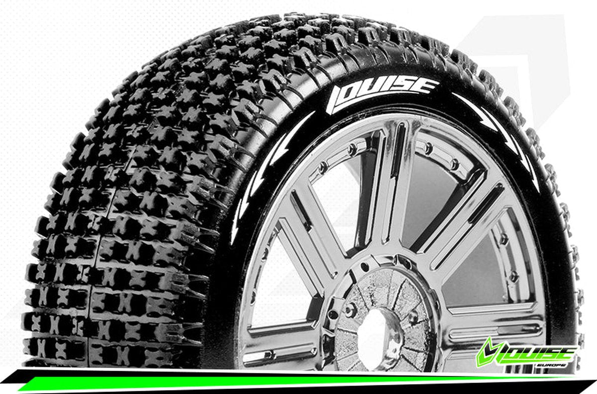 Louise RC - B-PIRATE - 1-8 Buggy Bandenset - Gemonteerd - Soft - Spaakvelgen Zwart-Chrome - Zeskant 17mm - L-T3126SBC