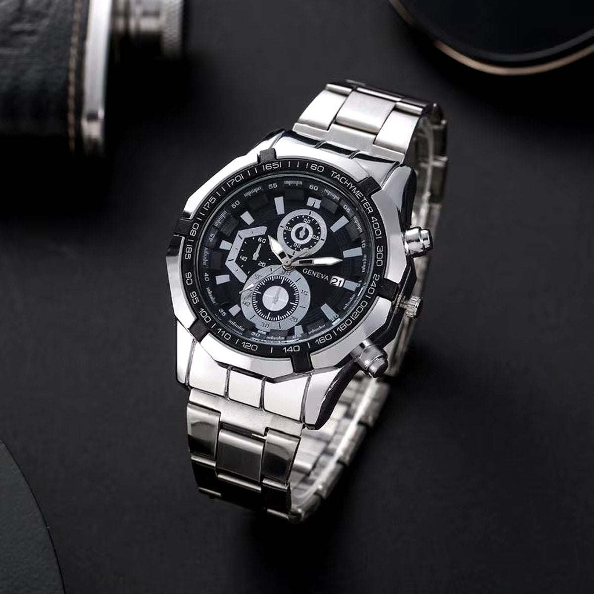 DRX Heren Quartz Horloge en armbanden - Polshorloge - Heren - Cadeau - Horloge - Geschenk - Mannen - Zilver - Polsband zilver zwart