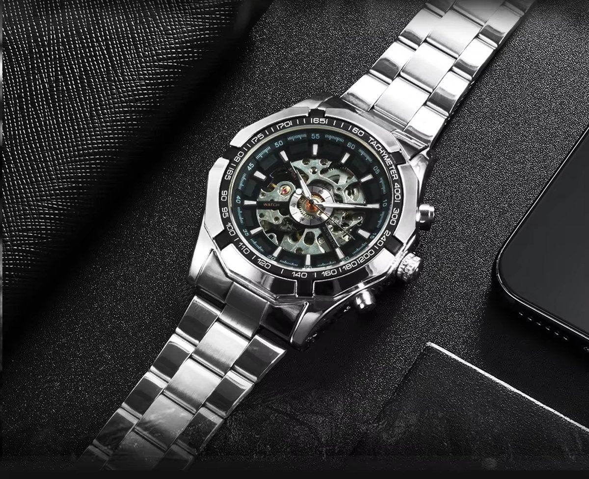 DRX Luxe Mechanisch Skeleton Zilver Zwart Herenhorloge – Elegant Design met Lichtgevende Wijzers – Roestvrijstalen Kast – 45mm