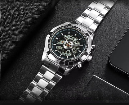 DRX Luxe Mechanisch Skeleton Zilver Zwart Herenhorloge – Elegant Design met Lichtgevende Wijzers – Roestvrijstalen Kast – 45mm