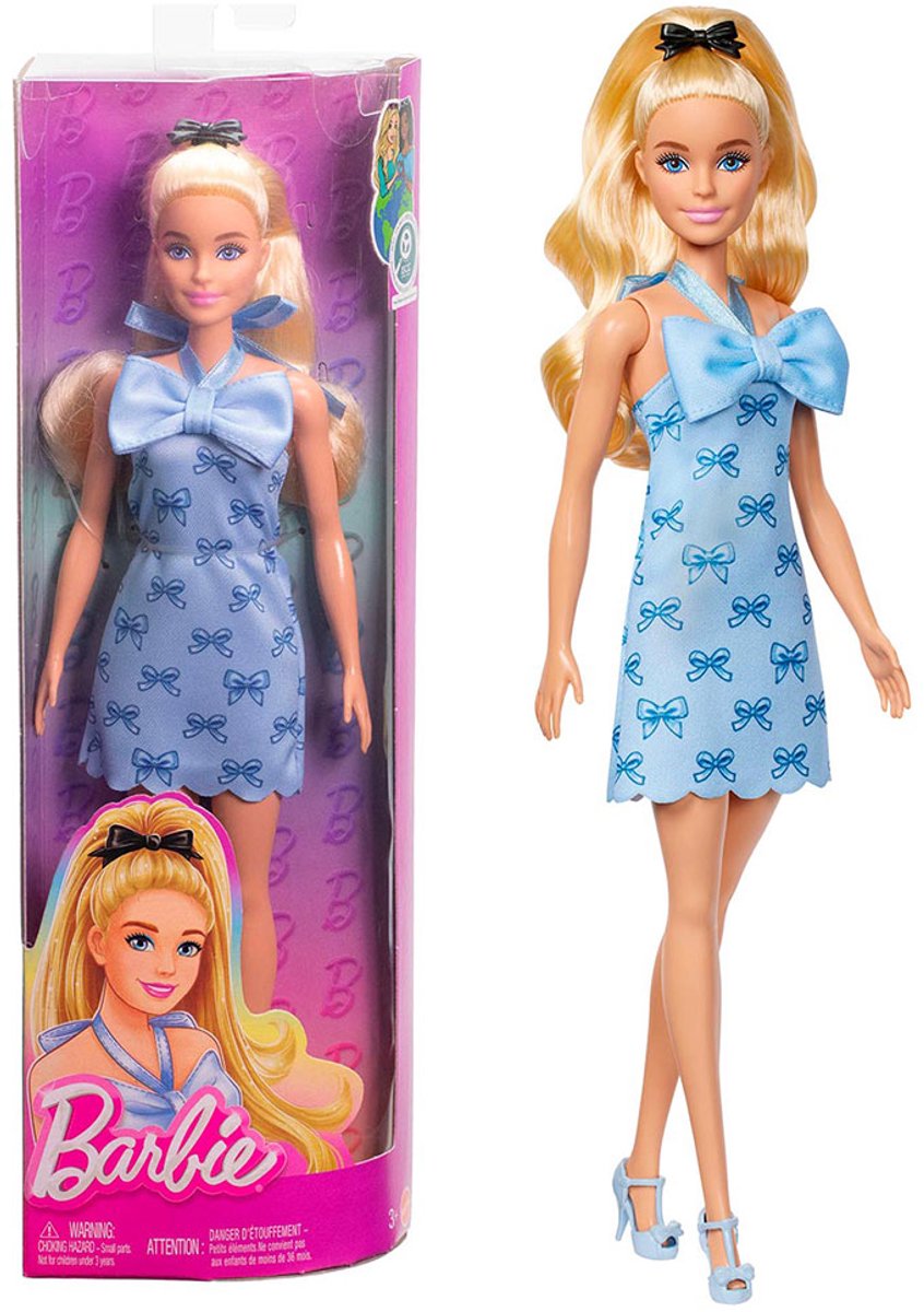 Barbie Pop - Pop met Blond Haar en Blauw Halterjurkje met strik - Modepop