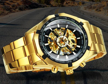 DRX Luxe Mechanisch Skeleton Herenhorloge Zwart met Goud – Elegant Design met Lichtgevende Wijzers – Roestvrijstalen Kast – 45mm - DD119
