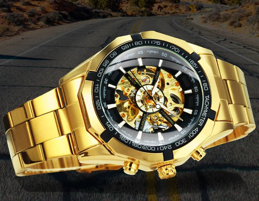 DRX Luxe Mechanisch Skeleton Herenhorloge Zwart met Goud – Elegant Design met Lichtgevende Wijzers – Roestvrijstalen Kast – 45mm - DD119