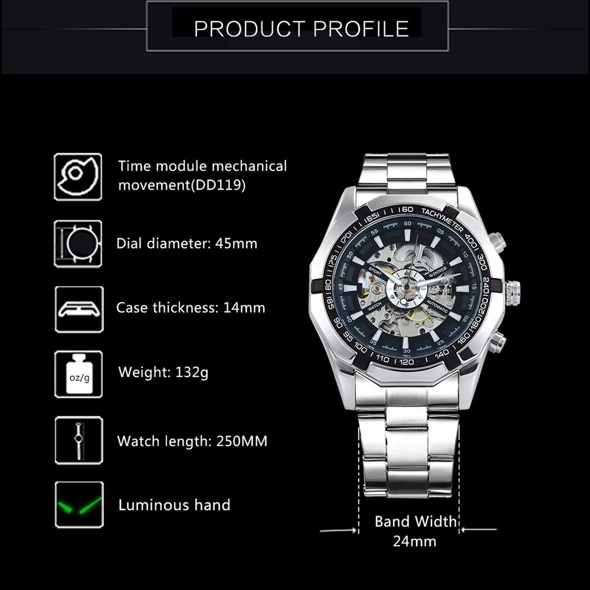 DRX Luxe Mechanisch Skeleton Zilver Zwart Herenhorloge – Elegant Design met Lichtgevende Wijzers – Roestvrijstalen Kast – 45mm