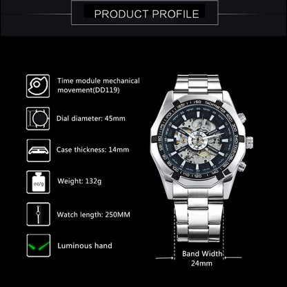 DRX Luxe Mechanisch Skeleton Zilver Zwart Herenhorloge – Elegant Design met Lichtgevende Wijzers – Roestvrijstalen Kast – 45mm