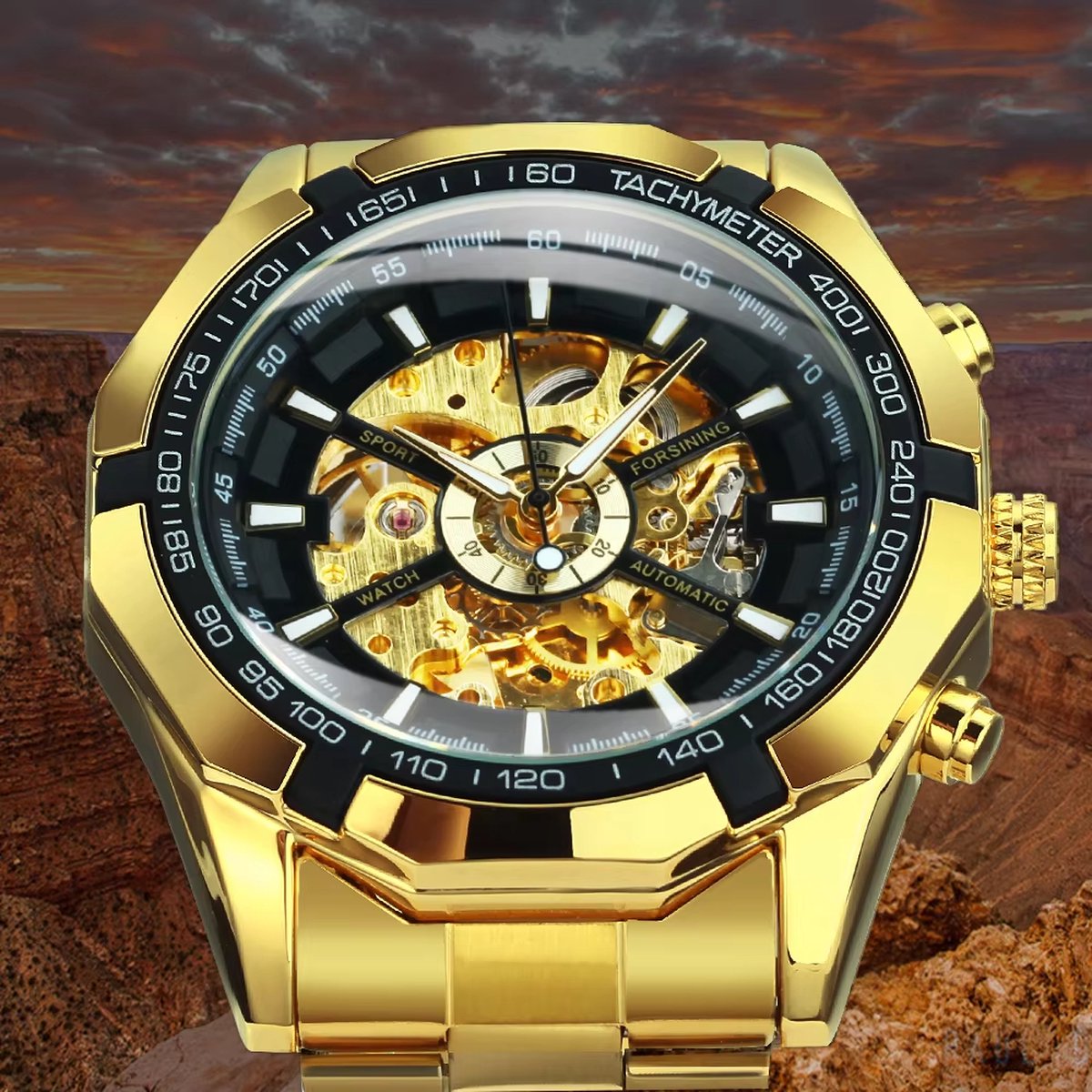 DRX Luxe Mechanisch Skeleton Herenhorloge Zwart met Goud – Elegant Design met Lichtgevende Wijzers – Roestvrijstalen Kast – 45mm - DD119