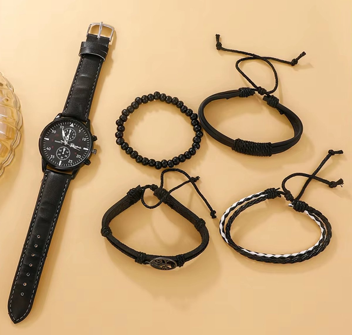 DRX - HerenHorloge - Polshorloge - Heren - Cadeau - Horloge - Armbanden - Mannen Sieraden - Zwart Leer - Polsband