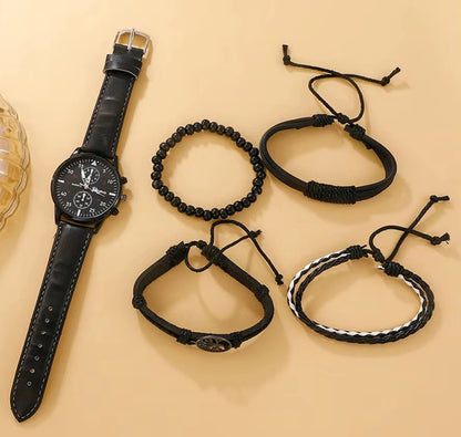 DRX - HerenHorloge - Polshorloge - Heren - Cadeau - Horloge - Armbanden - Mannen Sieraden - Zwart Leer - Polsband