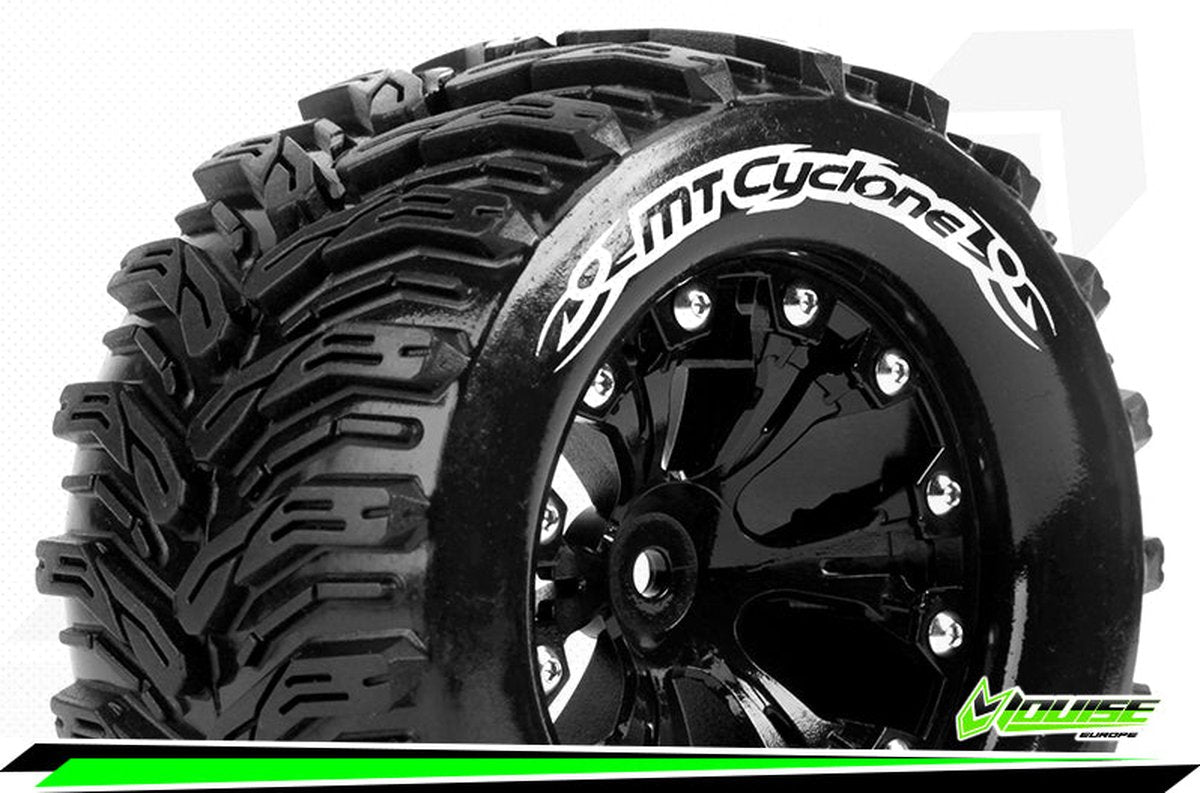 "Louise RC - MT-CYCLONE - 1-10 Monster Truck Banden Set - Verlijmd op velg - Soft - 2.8"" Velgen Zwart - 1/2""-Offset - GP JATO 2WD Achter - GP STAMPEDE 2WD Achter - GP RUSTLER 2WD Achter - EP STAMP"