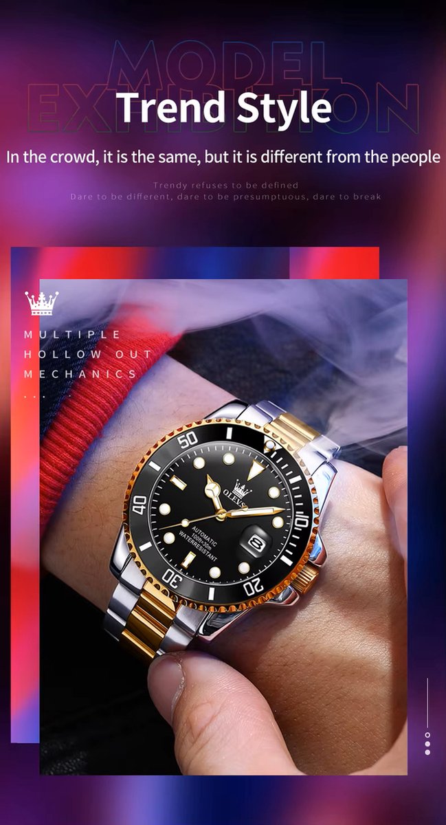DRX OLEVS Heren Horloge Automaat Waterdicht Mechanisch Horloge Goud-Zwart Night Glow Luxe Volautomatische Horloge