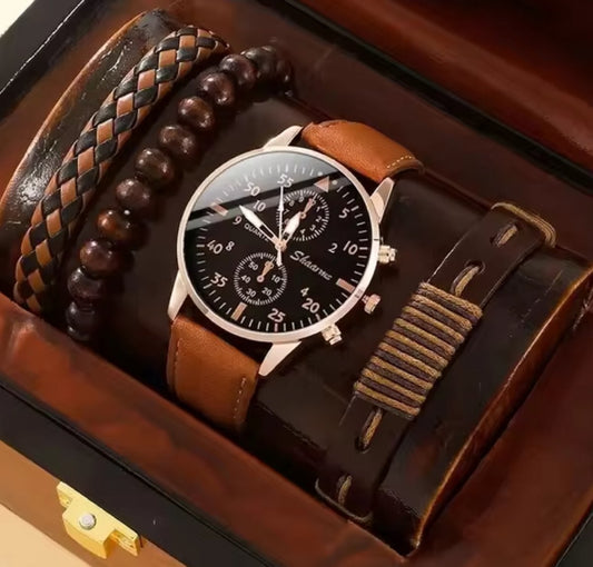 DRX - HerenHorloge - Zwart goud Polshorloge - Heren - Cadeau - Horloge - Armbanden - Mannen Sieraden - bruin Leer - Polsband