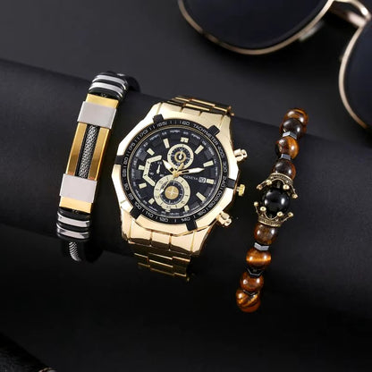 DRX Heren Quartz Horloge en armbanden - Polshorloge - Heren - Cadeau - Horloge - Geschenk - Mannen - goud en Zwart - Polsband zwart