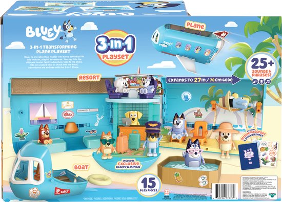 BLUEY - 3 in 1 Transformerend Vliegtuig Speelset - Incl. Bluey en Bingo speelfiguren