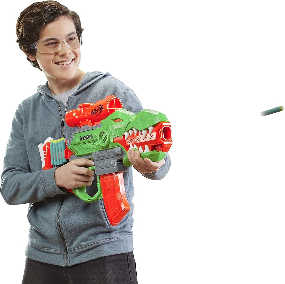 Nerf DinoSquad, Rex-Rampage Gemotoriseerde Blaster, 10-Dart Magazijn, 20 Nerf Dartpijltjes, Tyrannosaurus Design