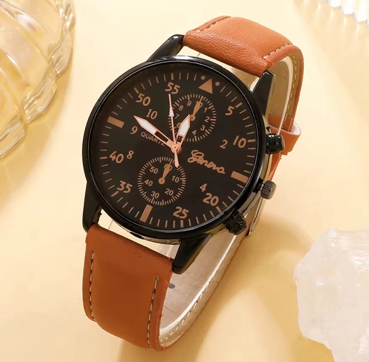 DRX - HerenHorloge - Polshorloge - Heren - Cadeau - Zwart Horloge - Armbanden - Mannen Sieraden - bruin Leer - Polsband