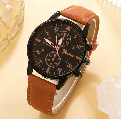 DRX - HerenHorloge - Polshorloge - Heren - Cadeau - Zwart Horloge - Armbanden - Mannen Sieraden - bruin Leer - Polsband