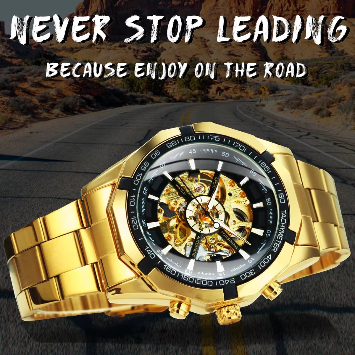 DRX Luxe Mechanisch Skeleton Herenhorloge Zwart met Goud – Elegant Design met Lichtgevende Wijzers – Roestvrijstalen Kast – 45mm - DD119