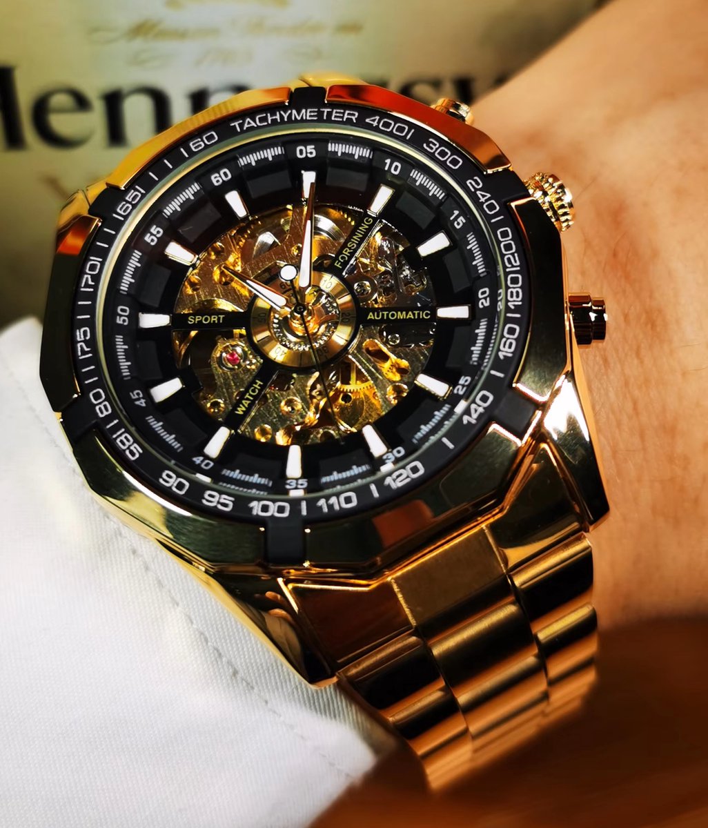 DRX Luxe Mechanisch Skeleton Herenhorloge Zwart met Goud – Elegant Design met Lichtgevende Wijzers – Roestvrijstalen Kast – 45mm - DD119