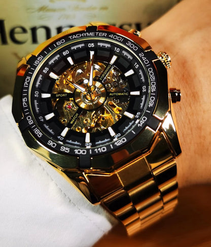 DRX Luxe Mechanisch Skeleton Herenhorloge Zwart met Goud – Elegant Design met Lichtgevende Wijzers – Roestvrijstalen Kast – 45mm - DD119