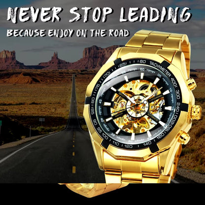 DRX Luxe Mechanisch Skeleton Herenhorloge Zwart met Goud – Elegant Design met Lichtgevende Wijzers – Roestvrijstalen Kast – 45mm - DD119