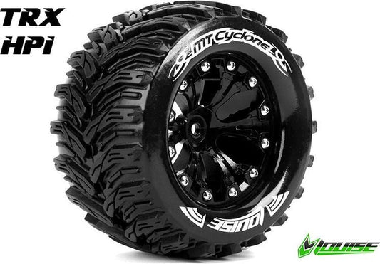 "Louise RC - MT-CYCLONE - 1-10 Monster Truck Banden Set - Verlijmd op velg - Soft - 2.8"" Velgen Zwart - 1/2""-Offset - GP JATO 2WD Achter - GP STAMPEDE 2WD Achter - GP RUSTLER 2WD Achter - EP STAMP"