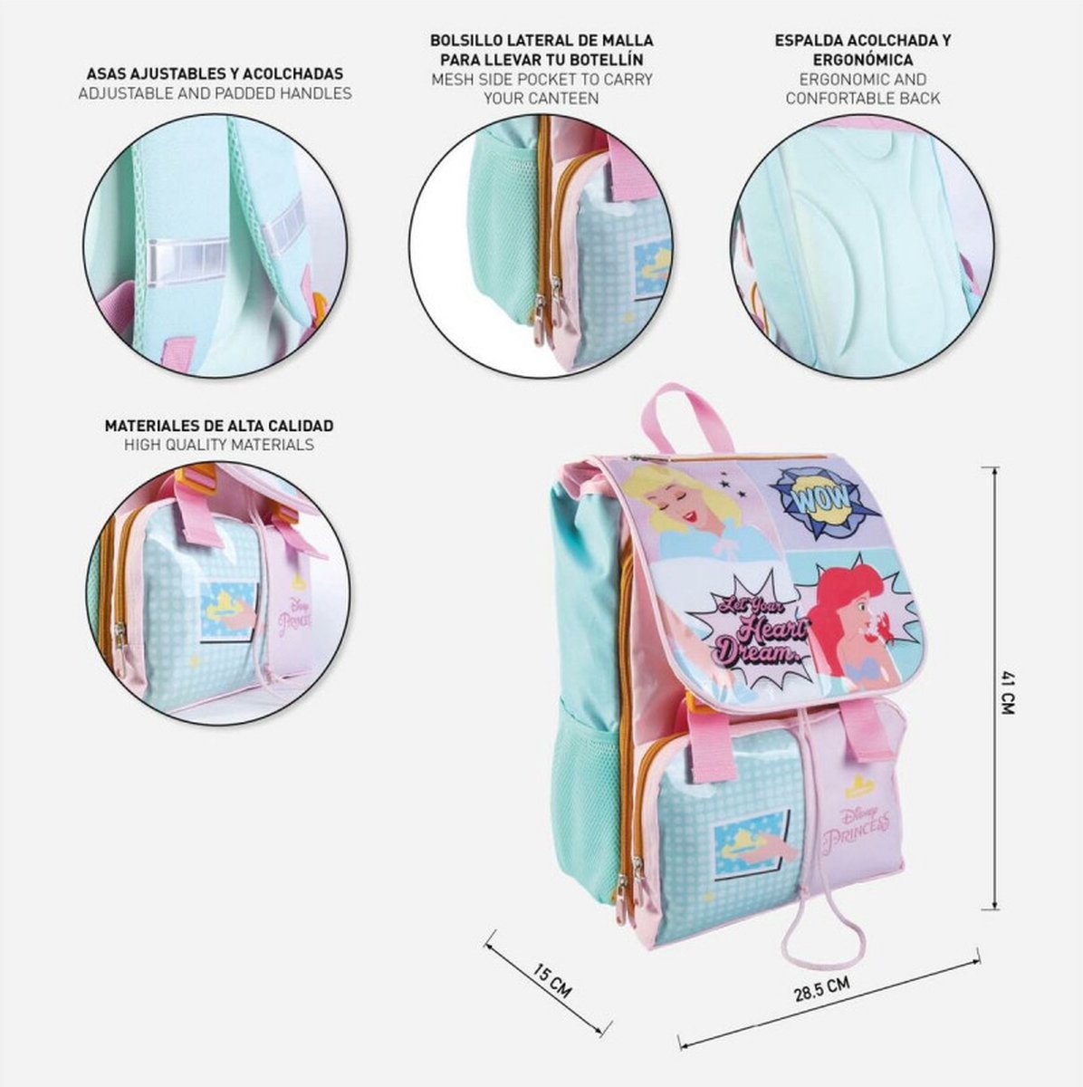 Schooltas Princesses Disney Roze, Multicolor (28,5 x 15 x 41 cm)