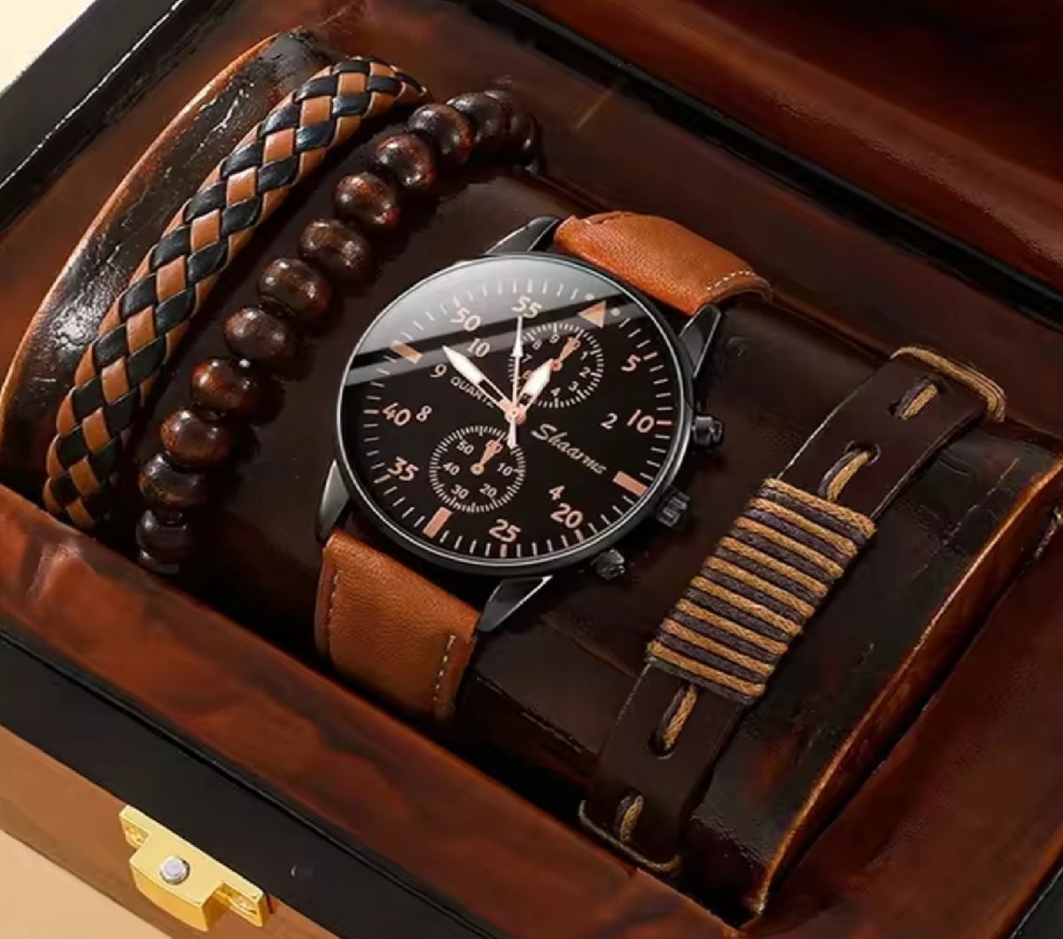 DRX - HerenHorloge - Polshorloge - Heren - Cadeau - Zwart Horloge - Armbanden - Mannen Sieraden - bruin Leer - Polsband