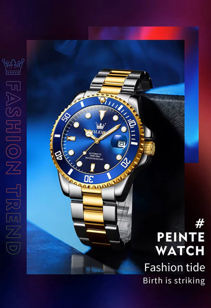 DRX OLEVS Heren Horloge Automaat Waterdicht Mechanisch Horloge Goud-Blauw Night Glow Luxe Volautomatische Horloge