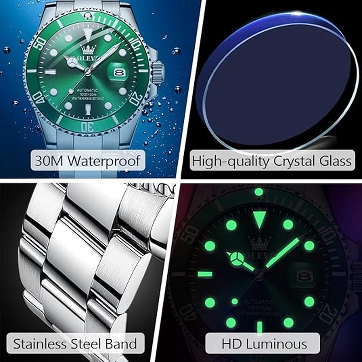 OLEVS Heren Horloge Automaat Waterdicht Mechanisch Horloge Rvs Night Glow Luxe Volautomatische Mechanische Horloge