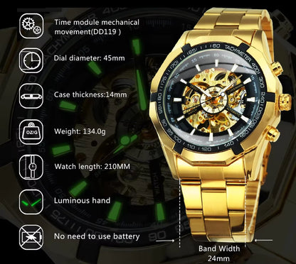 DRX Luxe Mechanisch Skeleton Herenhorloge Zwart met Goud – Elegant Design met Lichtgevende Wijzers – Roestvrijstalen Kast – 45mm - DD119