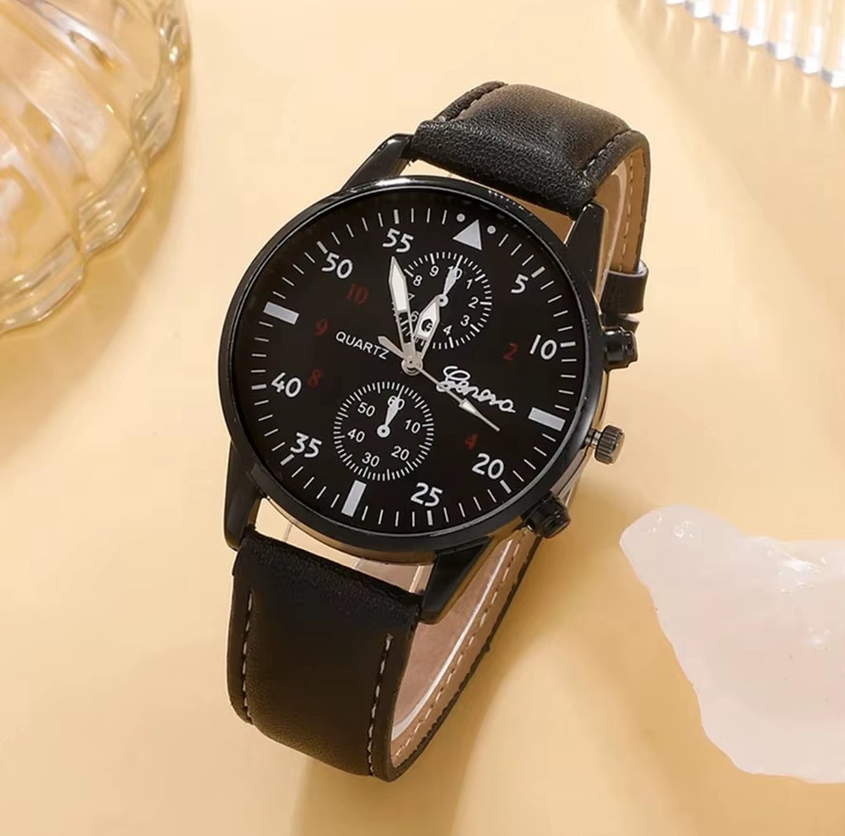 DRX - HerenHorloge - Polshorloge - Heren - Cadeau - Horloge - Armbanden - Mannen Sieraden - Zwart Leer - Polsband