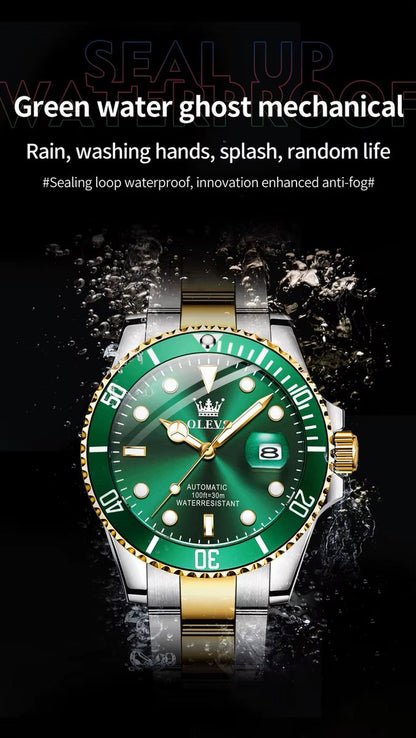 DRX OLEVS Heren Horloge Automaat Waterdicht Mechanisch Horloge Goud-Groen Night Glow Luxe Volautomatische Horloge