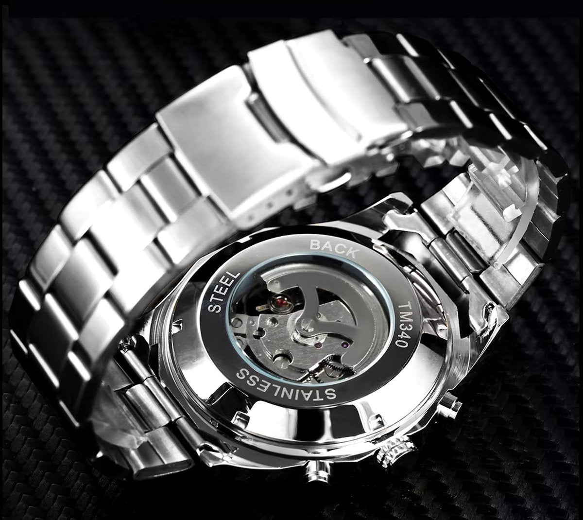 DRX Luxe Mechanisch Skeleton Zilver Zwart Herenhorloge – Elegant Design met Lichtgevende Wijzers – Roestvrijstalen Kast – 45mm
