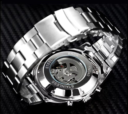 DRX Luxe Mechanisch Skeleton Zilver Zwart Herenhorloge – Elegant Design met Lichtgevende Wijzers – Roestvrijstalen Kast – 45mm