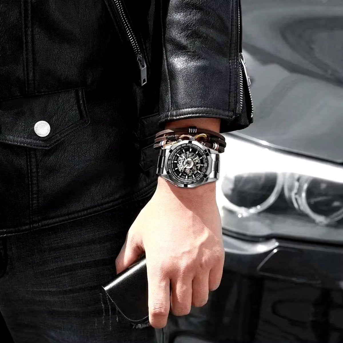 DRX Luxe Mechanisch Skeleton Zilver Zwart Herenhorloge – Elegant Design met Lichtgevende Wijzers – Roestvrijstalen Kast – 45mm