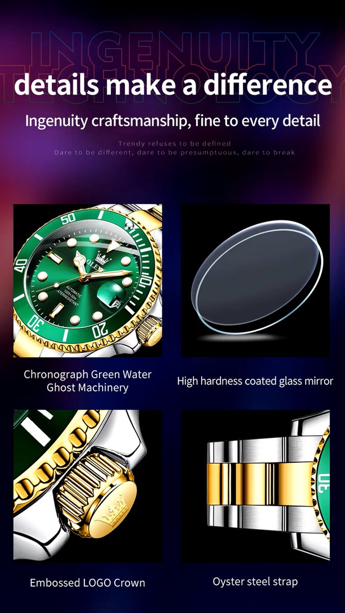 DRX OLEVS Heren Horloge Automaat Waterdicht Mechanisch Horloge Goud-Zwart Night Glow Luxe Volautomatische Horloge