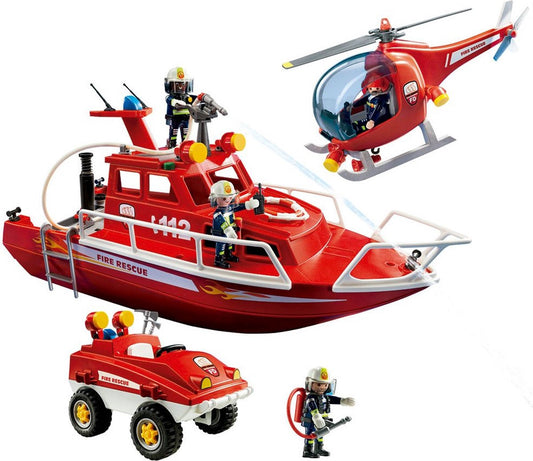 Playmobil 9503 - Mega Brandweer Set - Inclusief boot met onderwatermoter , helicopter en strandbuggy