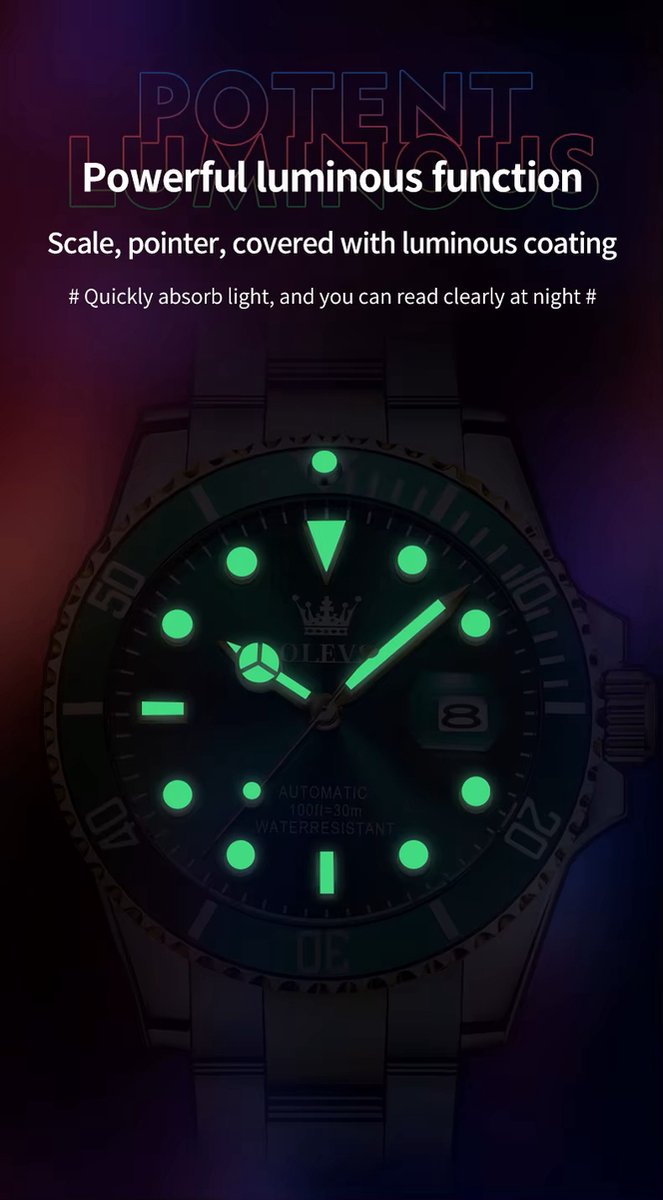 DRX OLEVS Heren Horloge Automaat Waterdicht Mechanisch Horloge Goud-Zwart Night Glow Luxe Volautomatische Horloge
