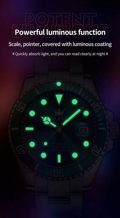 DRX OLEVS Heren Horloge Automaat Waterdicht Mechanisch Horloge RVS Zilver-Zwart Night Glow Luxe Volautomatische Horloge